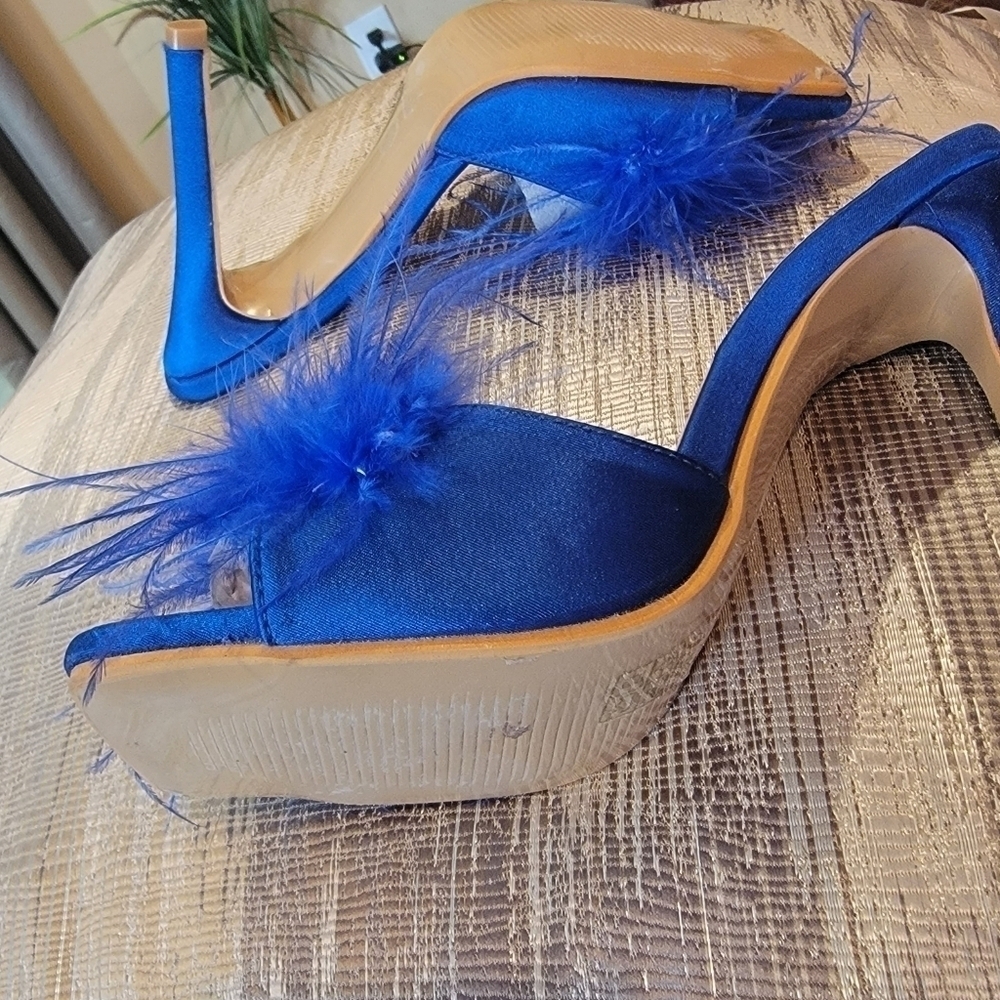 Royal Blue High Heel Stiletto Feather Fluffy Sandals/Sexy Slippers/Mules/Slides - Picture 14 of 15